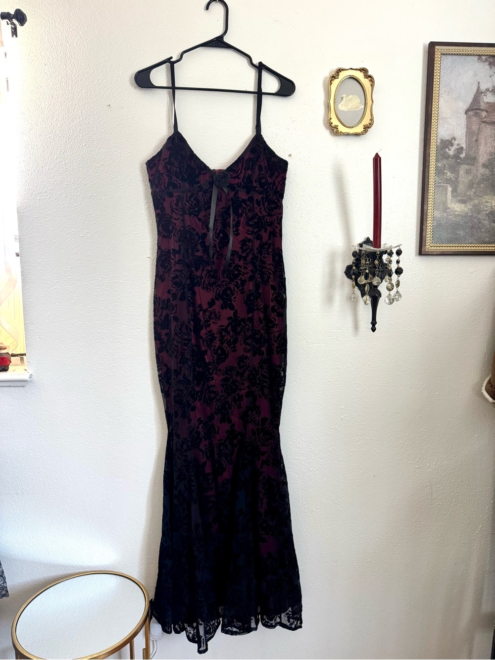 Unholy Dolls Kill Deep Wine Floral Burnout Maxi Slip Dress with Black Overlay